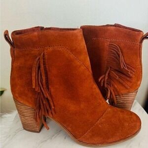 TOMS Lunata Western Boho Tassel Suede Bootie Stacked Block Heel, Brown‎ Size 8.5